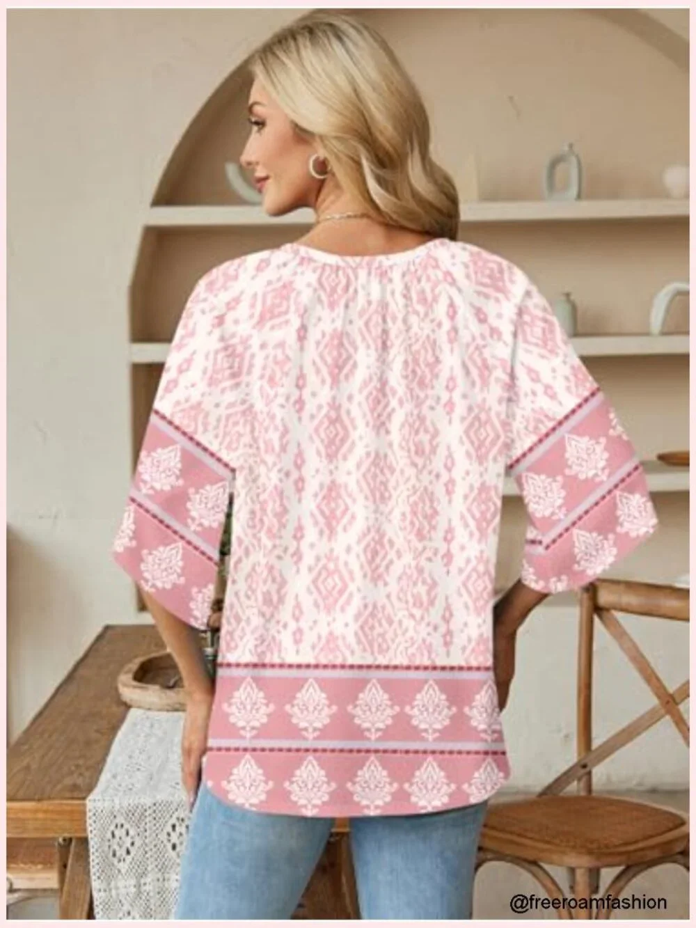 Women's Boho V-Neck 3/4 Bell Sleeve Tunic Blouse Loose Fit Peasant Top